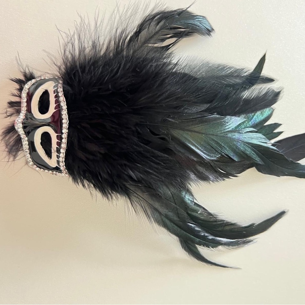 Elegant Black Feathered Mask Brooch - Picture 3 of 5